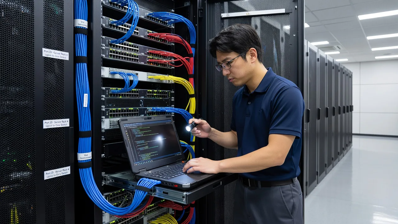 オフィスでのネットワーク配線作業の様子