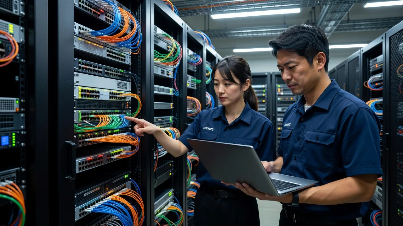 オフィスのネットワーク機器を設計・設定する様子